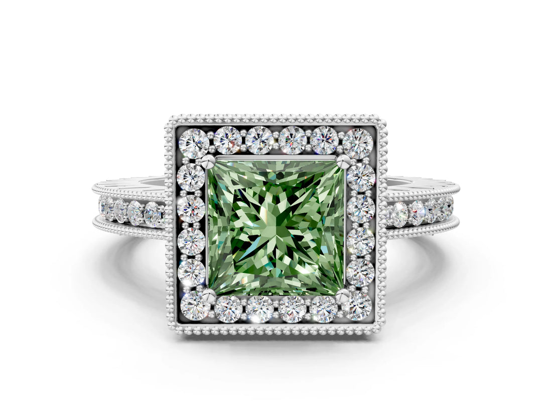 White gold Fancy Green Princess Cut Diamond Milgrain Halo Engagement Ring with Round Pavé Band and Prong Setting_12