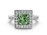 White gold Fancy Green Princess Cut Diamond Milgrain Halo Engagement Ring with Round Pavé Band and Prong Setting_12