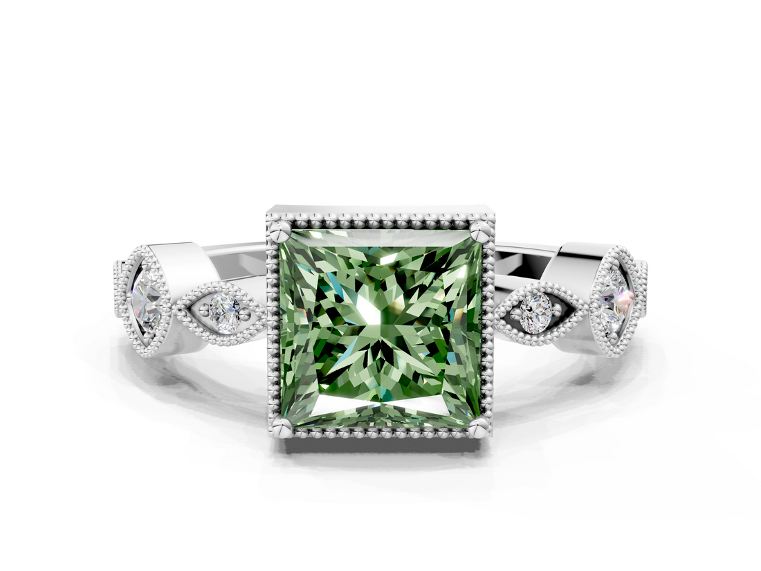 White gold Fancy Green Princess  Cut Diamond Milgrain Marquise Band with Prong Setting_3