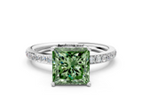 White gold Fancy Green Princess  Cut Diamond Pavé Band Ring with Four-Prong Setting