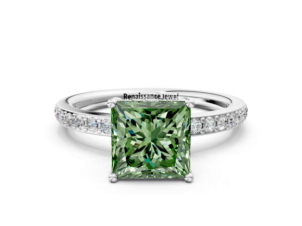 White gold Fancy Green Princess  Cut Diamond Pavé Band Ring with Four-Prong Setting