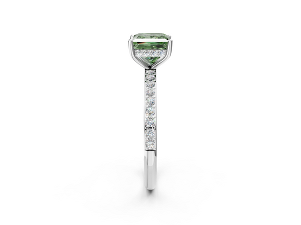 White gold Fancy Green Princess  Cut Diamond Pavé Band Ring with Four-Prong Setting