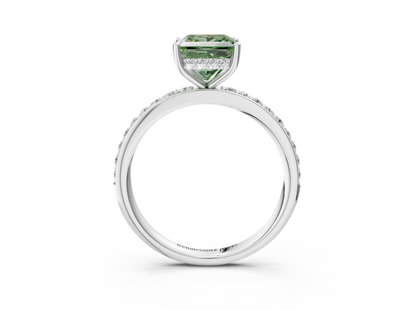 White gold Fancy Green Princess  Cut Diamond Pavé Band Ring with Four-Prong Setting