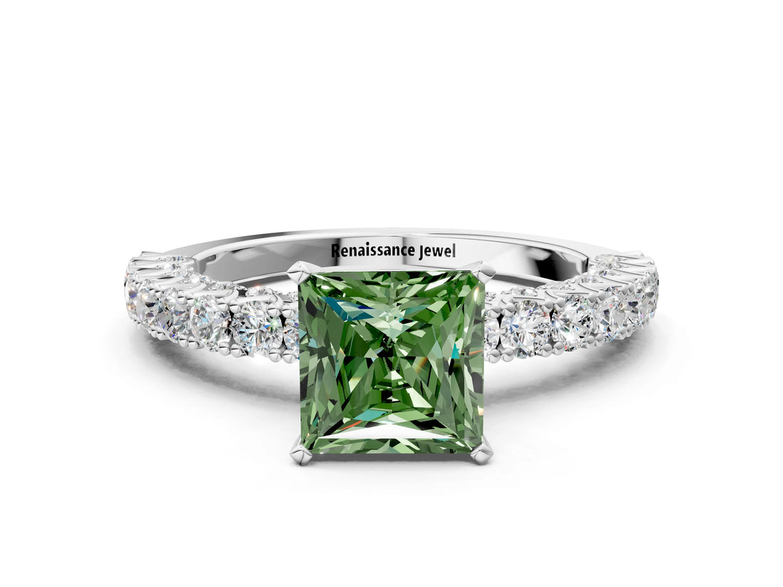 White gold Fancy Green Princess Cut Diamond Pavé Band Solitaire Ring with Prong Setting_34