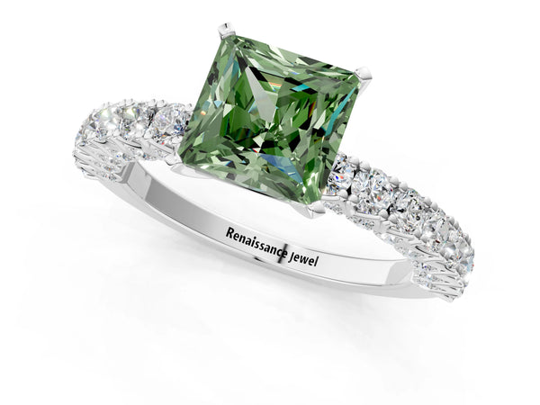 White gold Fancy Green Princess Cut Diamond Pavé Band Solitaire Ring with Prong Setting