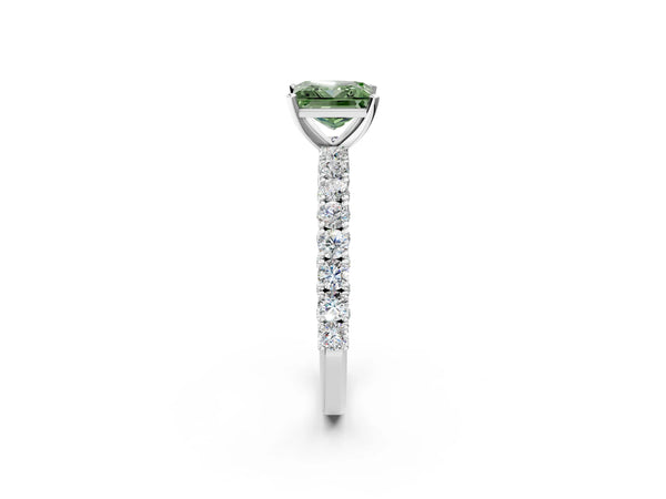 White gold Fancy Green Princess Cut Diamond Pavé Band Solitaire Ring with Prong Setting