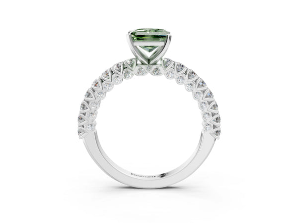White gold Fancy Green Princess Cut Diamond Pavé Band Solitaire Ring with Prong Setting