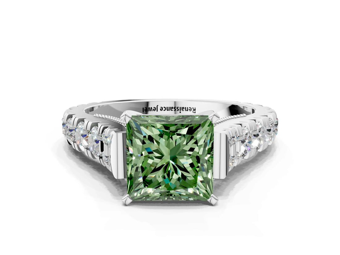 White gold Fancy Green Princess  Cut Diamond Pavé Band Solitaire with Four-Prong Setting_15