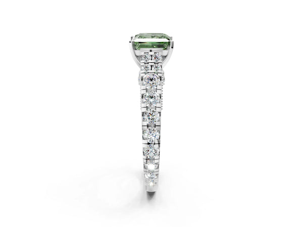 White gold Fancy Green Princess Cut Diamond Classic Solitaire Ring with Pavé Band and Four-Prong Setting
