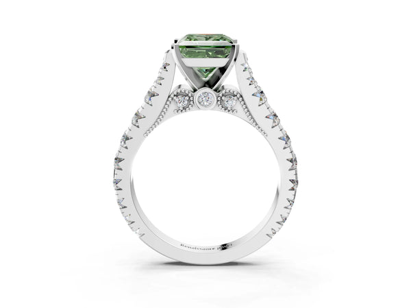 White gold Fancy Green Princess Cut Diamond Classic Solitaire Ring with Pavé Band and Four-Prong Setting