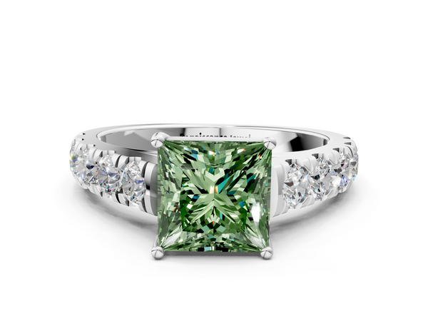 Platinum Fancy Green Princess  Cut Diamond Solitaire Ring with Micro Pave Band and Prong Setting