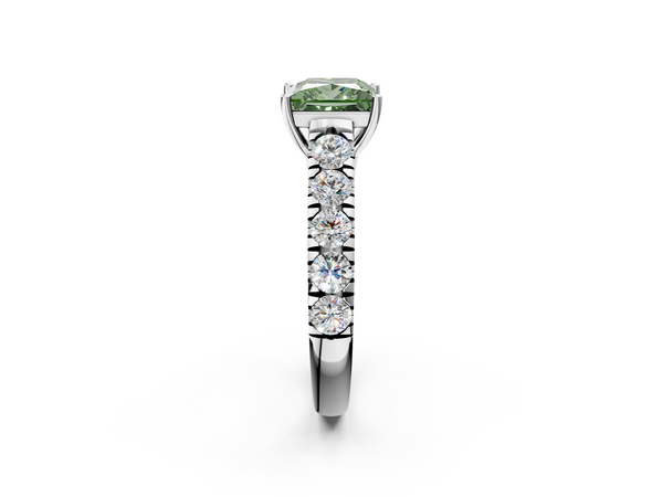 Platinum Fancy Green Princess  Cut Diamond Solitaire Ring with Micro Pave Band and Prong Setting