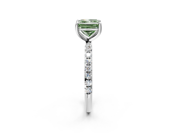 White gold Fancy Green Princess  Cut Diamond Solitaire Ring with Micro Pave Band and Four Prong Setting