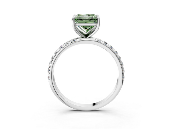 White gold Fancy Green Princess  Cut Diamond Solitaire Ring with Micro Pave Band and Four Prong Setting
