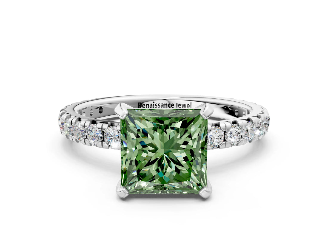 White gold Fancy Green Princess  Cut Diamond Pavé Band with Four-Prong Setting_19