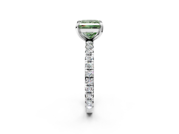 White gold Fancy Green Princess  Cut Diamond Pavé Band with Four-Prong Setting