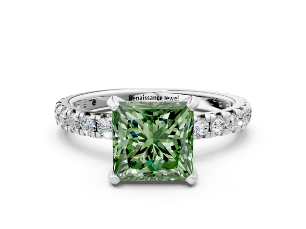 White gold Fancy Green Princess  Cut Diamond Pavé Band with Four-Prong Setting
