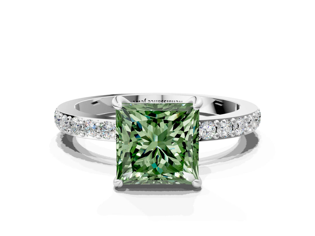 White gold Fancy Green Princess Cut Diamond Pavé Engagement Ring with Round  Accents and Prong Setting_41