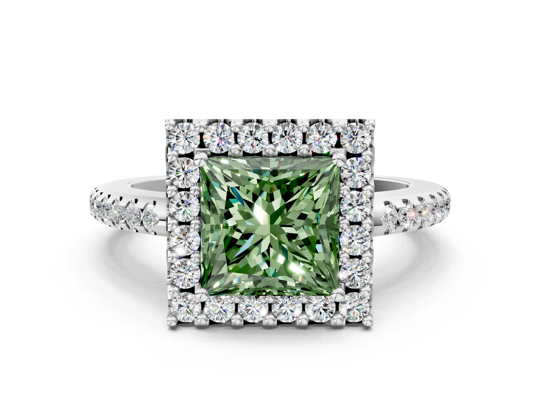 White gold Fancy Green Princess Cut Diamond Pavé Halo Ring with Four-Prong Setting_29