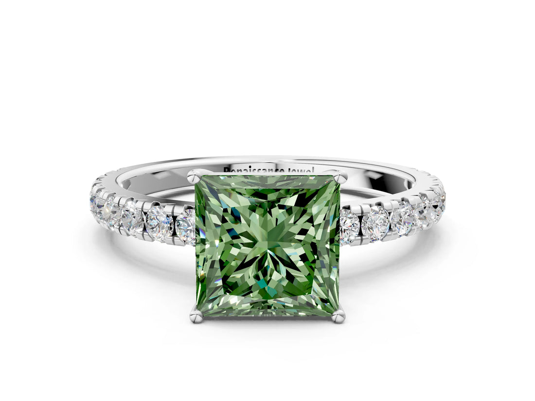White gold Fancy Green Princess Cut Diamond Pavé Solitaire Engagement Ring with Four-Prong Setting_35