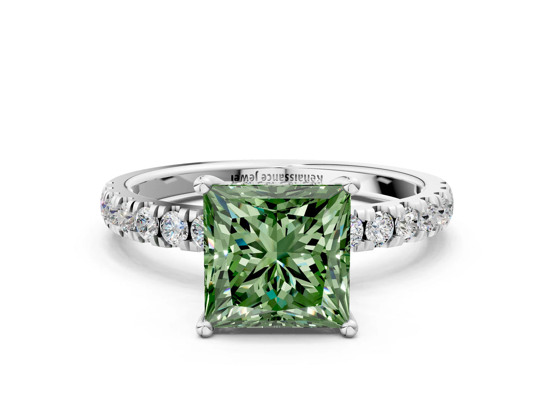 White gold Fancy Green Princess Cut Diamond Pave Band Solitaire Ring with Round  and Prong Setting_77