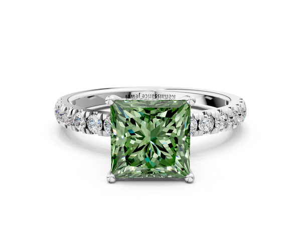 Platinum Fancy Green Princess Cut Diamond Pave Band Solitaire Ring with Round  and Prong Setting