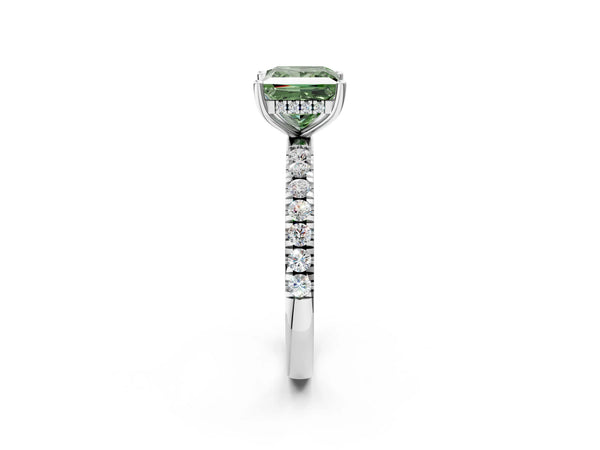 Platinum Fancy Green Princess Cut Diamond Pave Band Solitaire Ring with Round  and Prong Setting