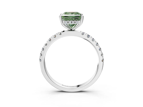 Platinum Fancy Green Princess Cut Diamond Pave Band Solitaire Ring with Round  and Prong Setting
