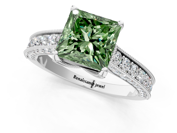 White gold Fancy Green Princess  Cut Diamond Solitaire Ring with Milgrain Pave Band and Four Prong Setting