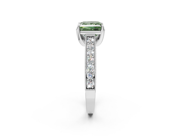 White gold Fancy Green Princess  Cut Diamond Solitaire Ring with Milgrain Pave Band and Four Prong Setting