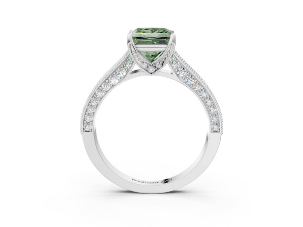 White gold Fancy Green Princess  Cut Diamond Solitaire Ring with Milgrain Pave Band and Four Prong Setting