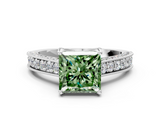 White gold Fancy Green Princess  Cut Diamond Pave Band with Four-Prong Setting