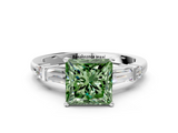 White gold Fancy Green Princess  Cut Diamond Ring with Baguette Side Stones, Channel Set Band, and Four-Prong Setting