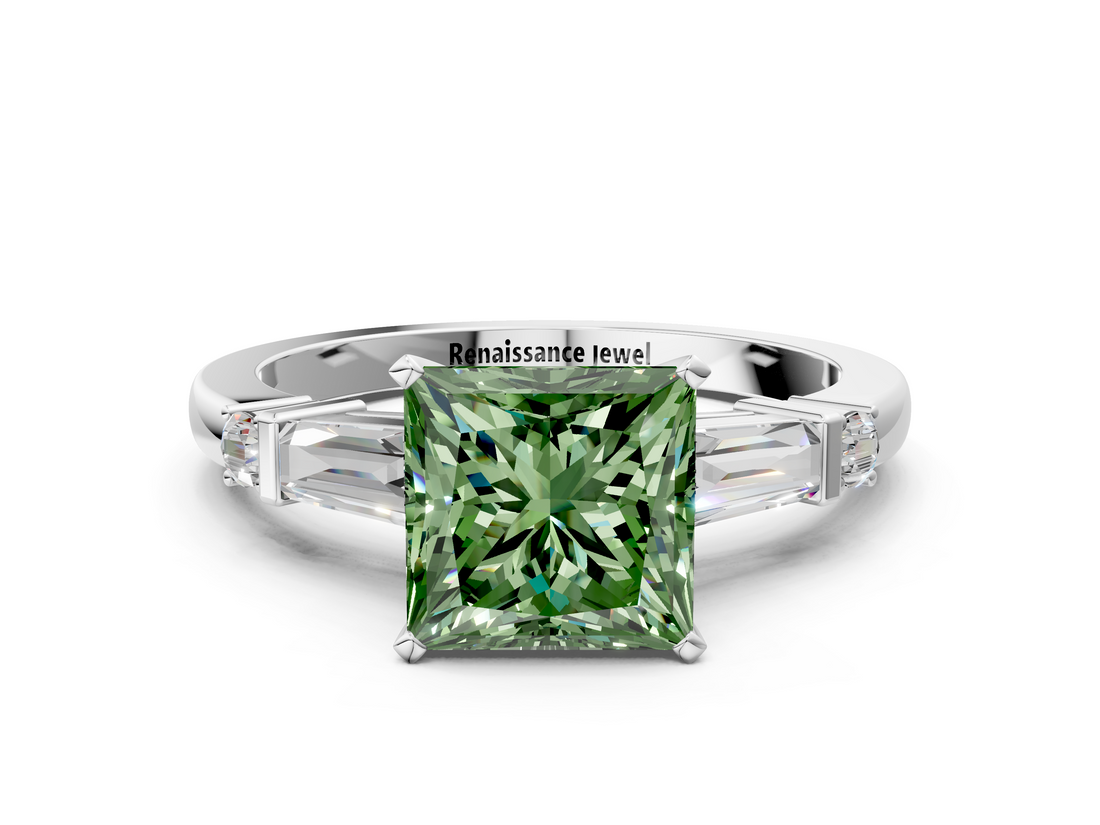 White gold Fancy Green Princess  Cut Diamond Ring with Baguette Side Stones, Channel Set Band, and Four-Prong Setting