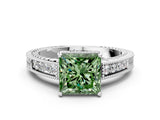 White gold Fancy Green Princess Cut Diamond Ring with Milgrain Pavé Band and Four-Prong Setting_27