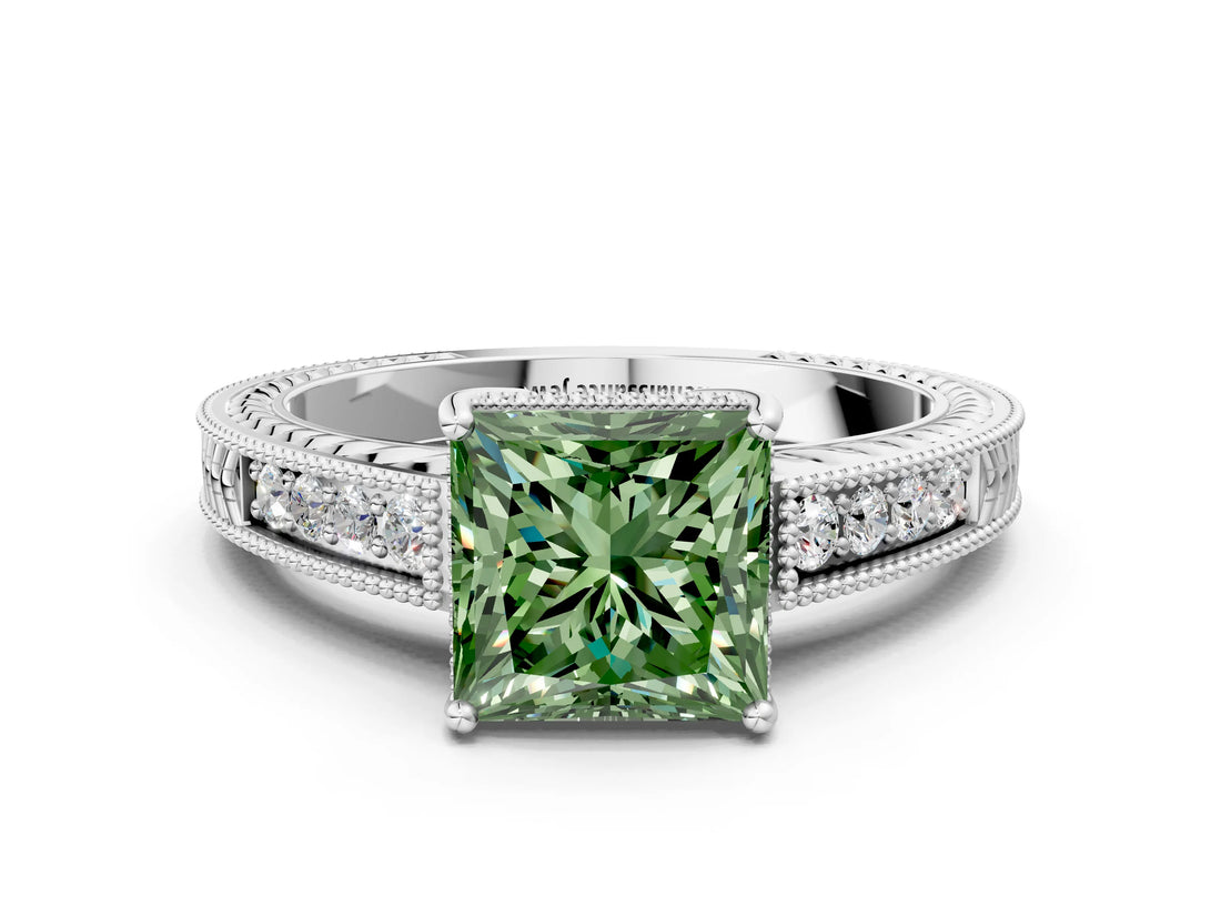 White gold Fancy Green Princess Cut Diamond Ring with Milgrain Pavé Band and Four-Prong Setting_28