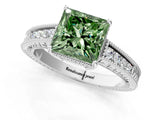White gold Fancy Green Princess Cut Diamond Ring with Milgrain Pavé Band and Four-Prong Setting_31