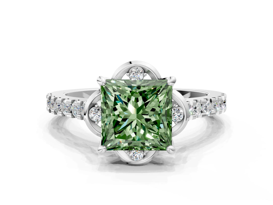 White gold Fancy Green Princess Cut Diamond Ring with Pavé Band and Floral Prong Setting_39