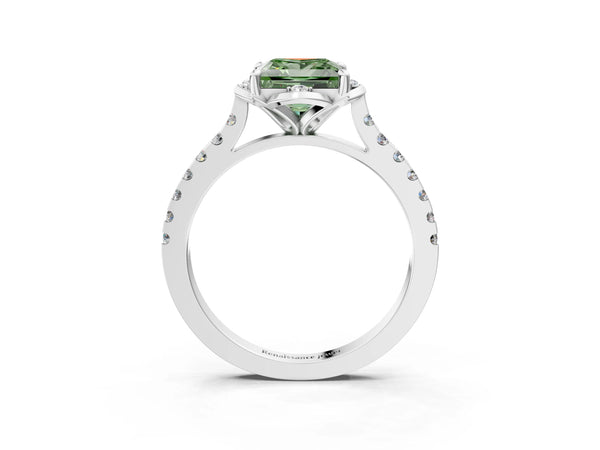 Platinum Princess Cut Floral Petal Pave Engagement Ring Setting for Fancy Green Center