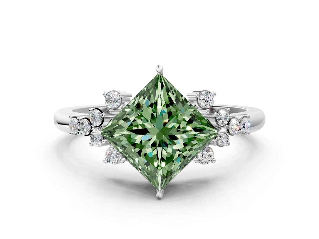 White gold Fancy Green Princess Cut Diamond Ring with Side Stones and Four-Prong Setting_65