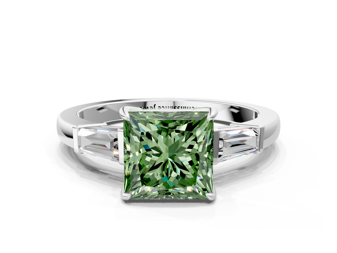 White gold Fancy Green Princess  Cut Diamond Ring with Tapered Baguette Side Stones in Four-Prong Setting