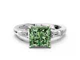 White gold Fancy Green Princess  Cut Diamond Ring with Tapered Baguette Side Stones in Four-Prong Setting