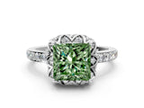 White gold Fancy Green Princess Cut Diamond Scalloped Halo Engagement Ring with Round Shared Prong Band_13