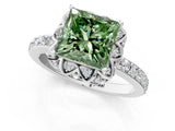 White gold Fancy Green Princess Cut Diamond Scalloped Halo Engagement Ring with Round Shared Prong Band_14