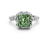 White gold Fancy Green Princess Cut Diamond Scalloped Halo Engagement Ring with Round Shared Prong Band_43