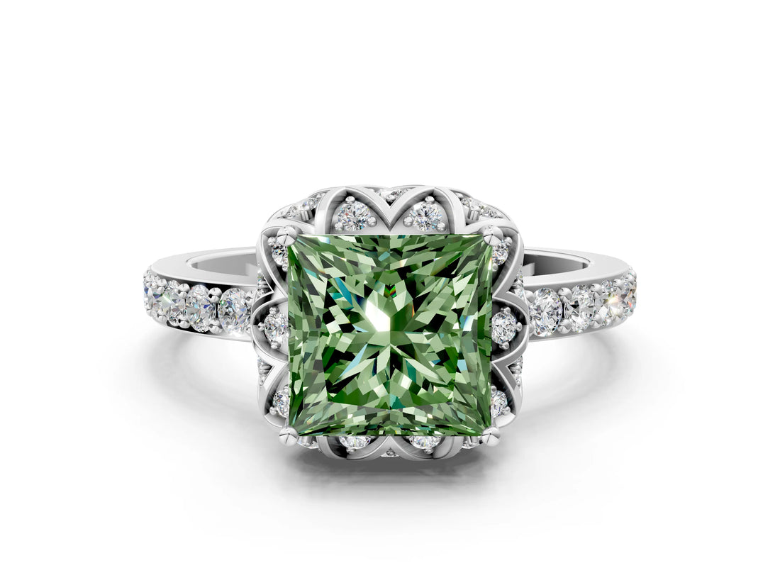 White gold Fancy Green Princess Cut Diamond Scalloped Halo Engagement Ring with Round Shared Prong Band_61