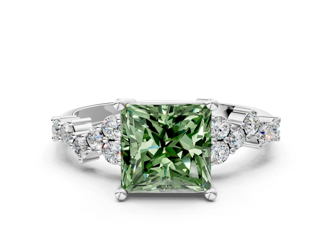 White gold Fancy Green Princess Cut Diamond Scattered Round Accent Ring with Prong Setting_12