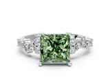 White gold Fancy Green Princess Cut Diamond Scattered Round Accent Ring with Prong Setting_12