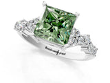 White gold Fancy Green Princess Cut Diamond Scattered Round Accent Ring with Prong Setting_13