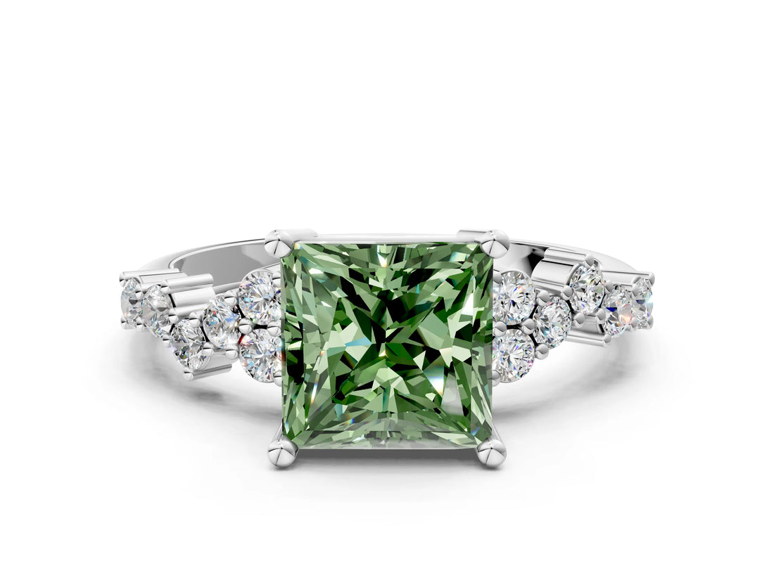 White gold Fancy Green Princess Cut Diamond Scattered Round Accent Ring with Prong Setting_24